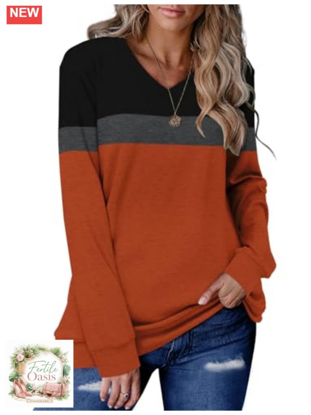 Women's Long Sleeve Color Block Sweatshirt V-Neck Loose Fit Casual Fall Top